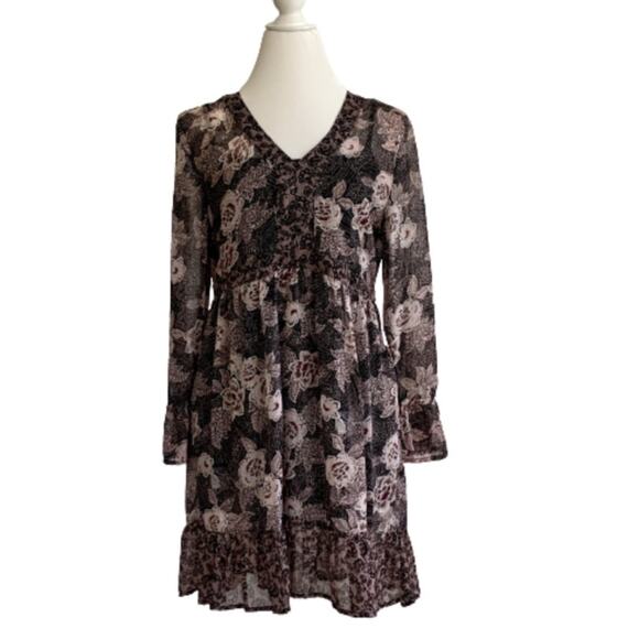 Long Sleeve Floral Print A-Line Dress- Cupshe